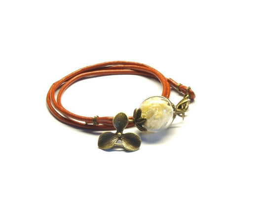 Echte Blüten Glas Perle Armband Leder bronze #2