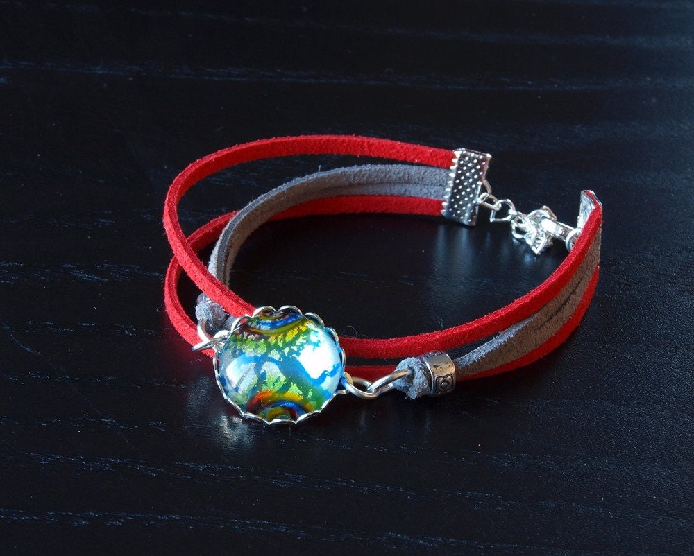 Armband Cabochon Silberfolie Glas rot grau