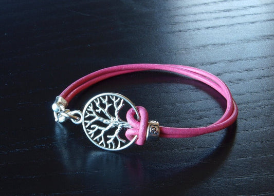 Leder Armband Baum silber rosa Lebensbaum Armreif