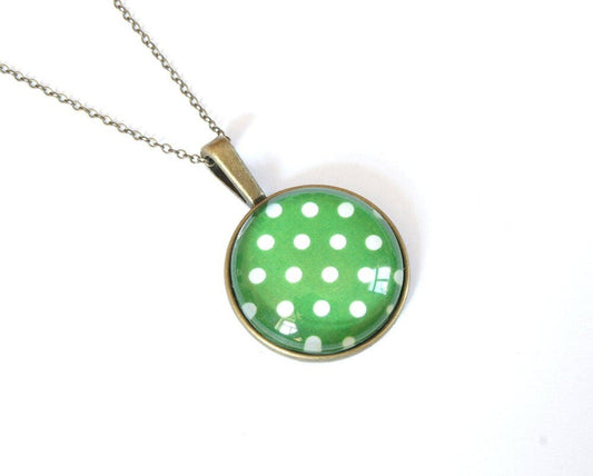 Kette Punkte grün weiß Polka Dots bronze Cabochon