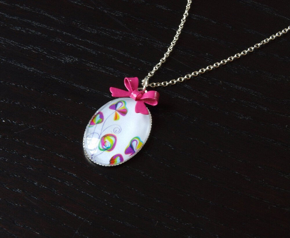 Kette silbern Cabochon Glas Blüte Blume bunt weiß