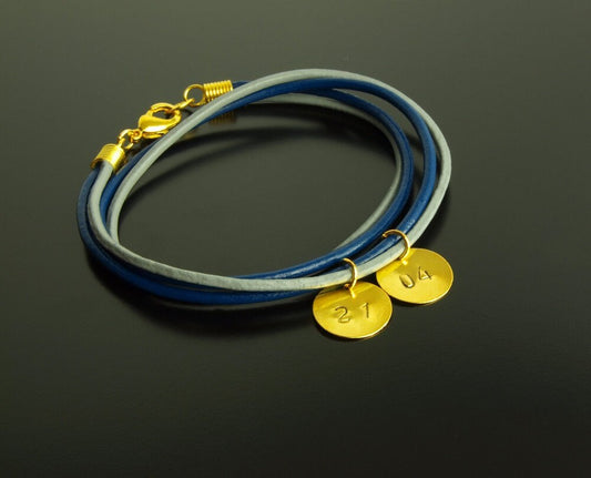 Leder Armband Datum Gravur Stempeln blau grau gold