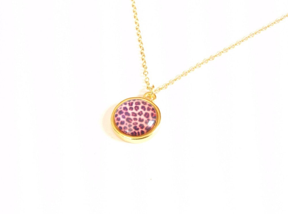 Kette gold Cabochon Glas Leo Muster pink Afrika