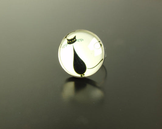 Ring Silhouette Katze schwarz weiß Glas silbern