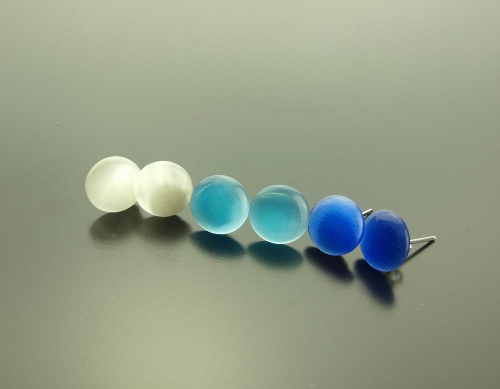 Set 3 Ohrstecker Cateye Cabochon weiß blau Stein