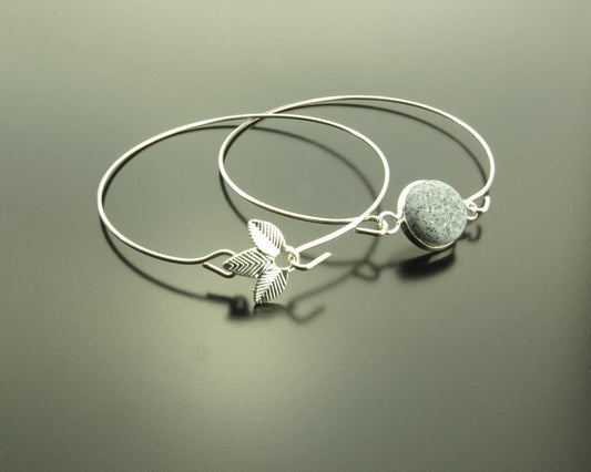Set Armreif Cabochon Stein grau silber Blatt Blüte
