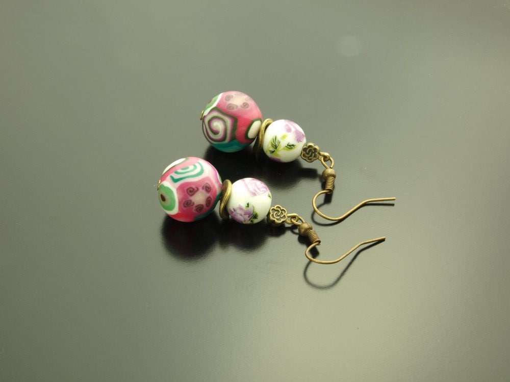 Ohrringe Fimo Clay Perle Creole rosa weiß bronze