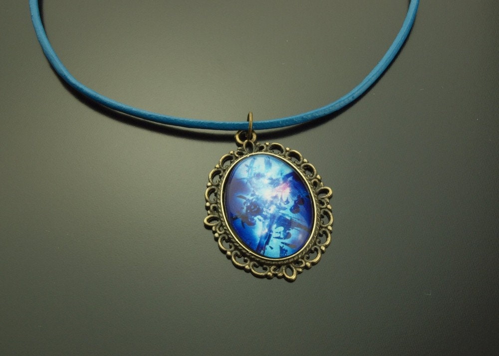 Kette Leder Cabochon Glas bronze blau retro