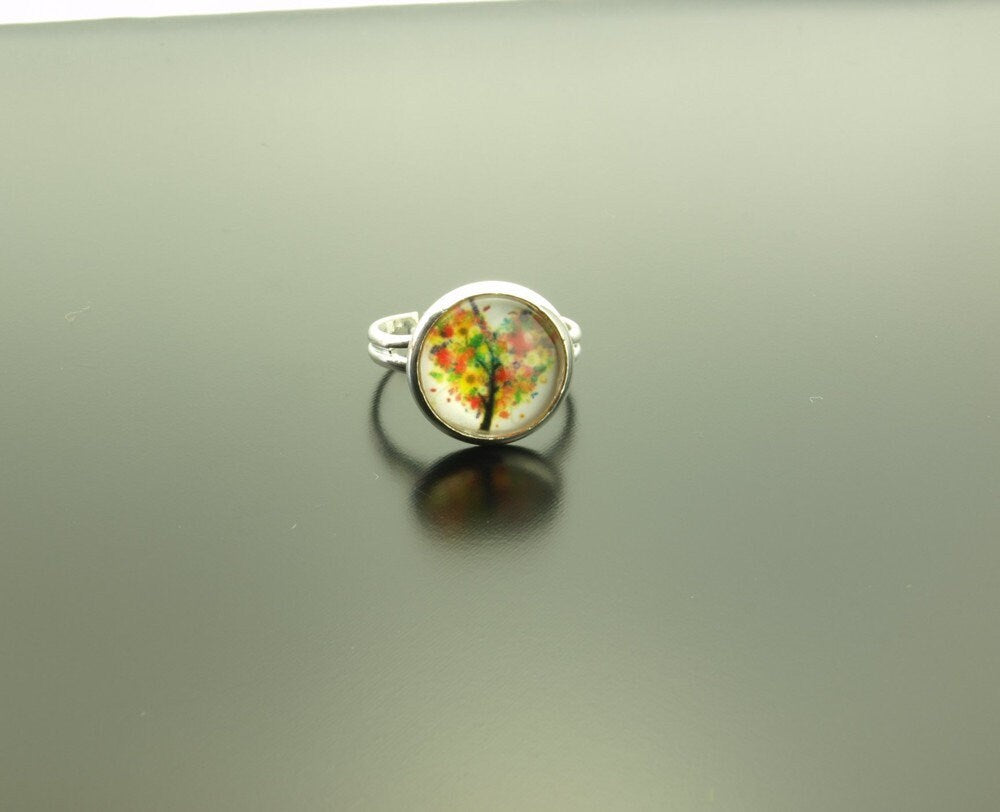 Ring Lebensbaum Cabochon Glas silber bunt Baum