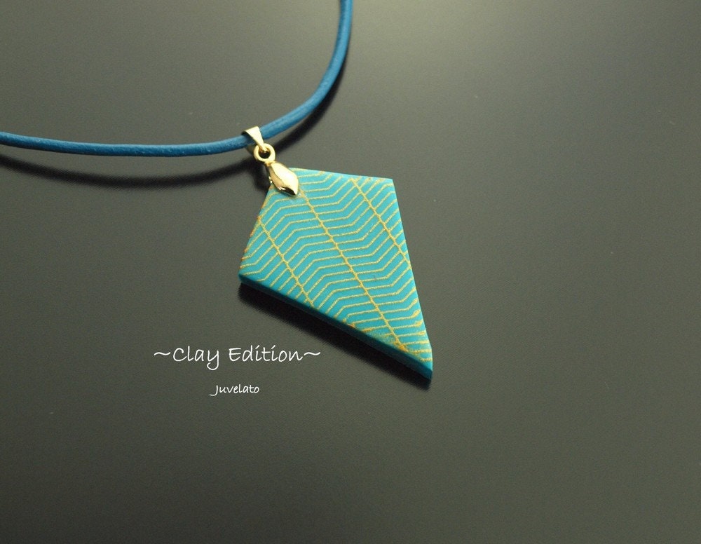 Leder Kette Fimo Drachen blau golden Clay Kette