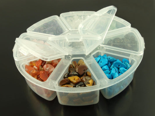 1 Box Edelstein-Nuggets - Tigerauge, synt. Türkis, roter Achat, Rosenquarz, Amethyst, Quarz, schw. Achat, grüner Achat.
