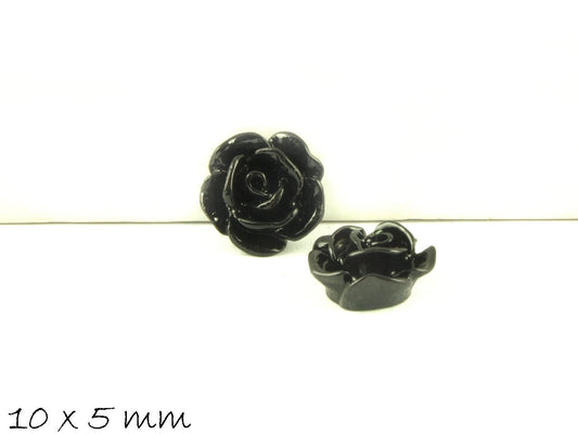 6 Stück Rosen Cabochons in schwarz, 10 x 5 mm