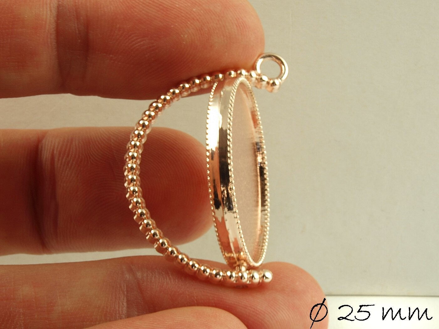 2 Stück drehbare Anhänger/ Medaillons mit Cabochonfassung, 25 mm, rose gold