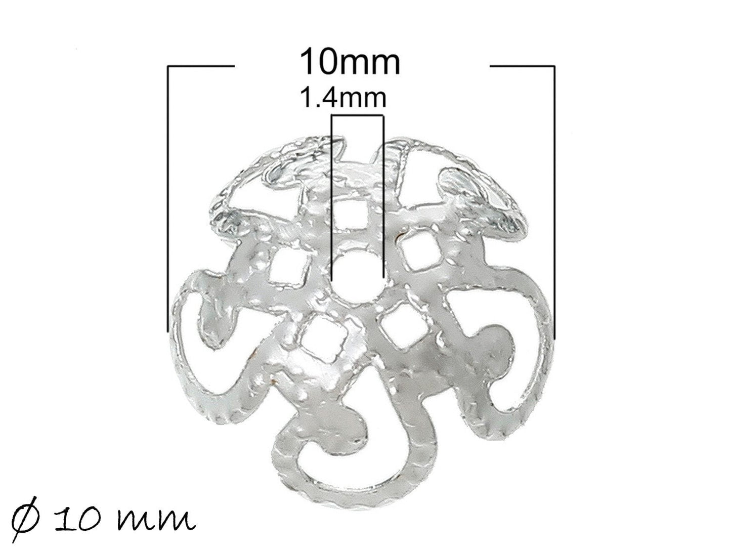 100 Stück filigrane Perlenkappen, silber, Ø 10 mm