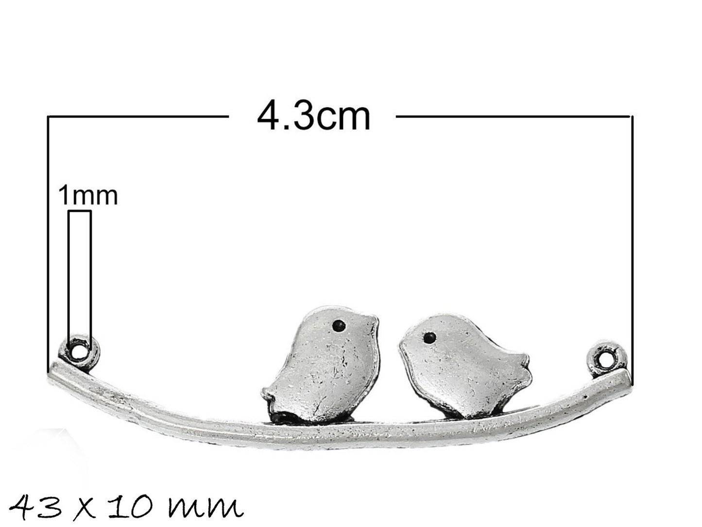 4 Stück Verbinder Vögel auf der Stange altsilber 43 x 10 mm