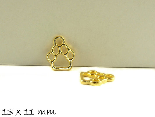 6 Stück Anhänger Pfote Abdruck Bär altgold, 13 x 11 mm