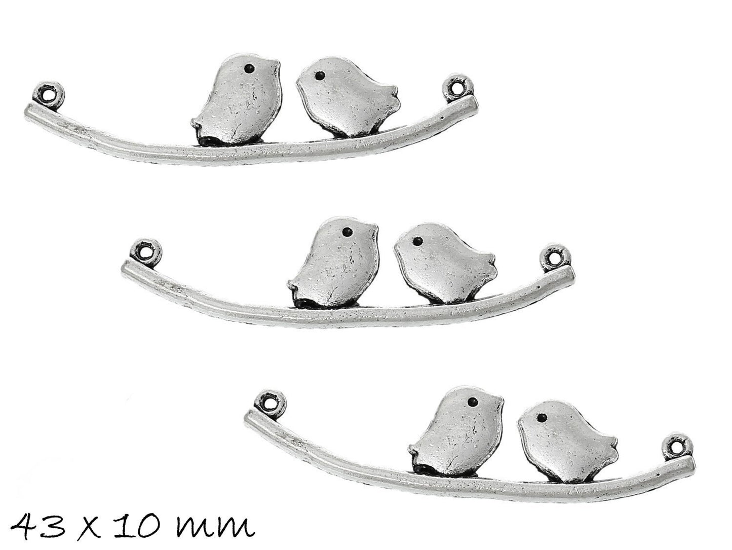4 Stück Verbinder Vögel auf der Stange altsilber 43 x 10 mm