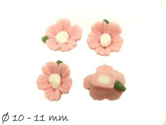 4 Stück Porzellan Cabochons Blüte rosa, Ø 10 - 11 mm