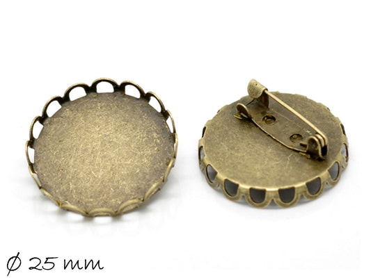 5 Stück Broschennadeln Rohlinge mit Fassung für Cabochons, bronze, 25 mm