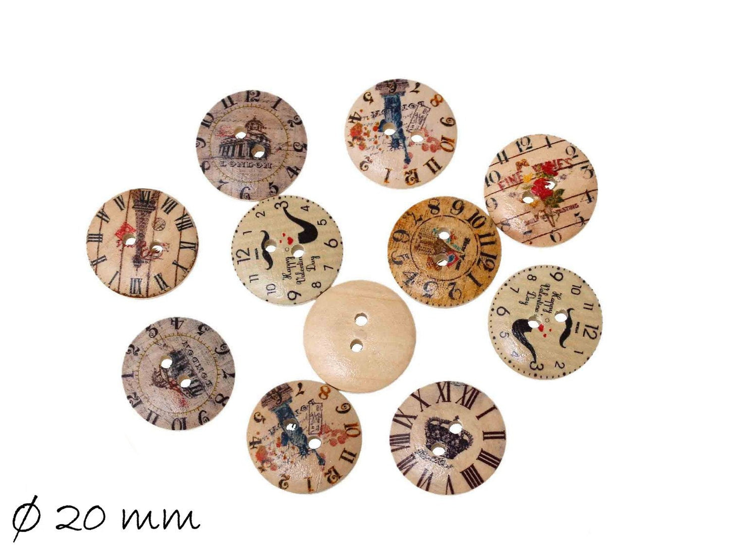 20 Stück Knöpfe Holz Uhr bedruckt Muster Ø 20 mm
