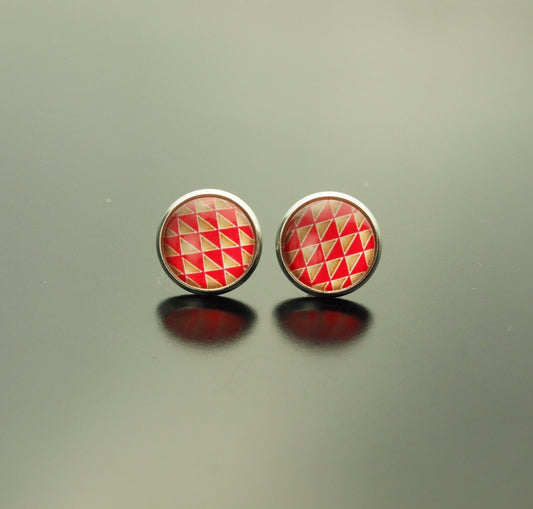 Ohrringe Dreiecke Retro Muster Pattern rot braun weiß Glas Papier Cabochon als Ohrstecker / Ohrhänger in silber / bronze / golden