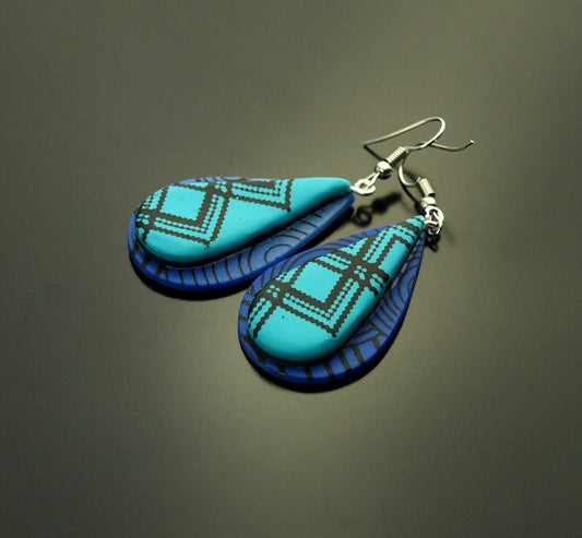 Ohrhänger Tropfen retro Linien Muster blau schwarz hellblau Polymer Clay Fimo Ohrringe Creole silbern