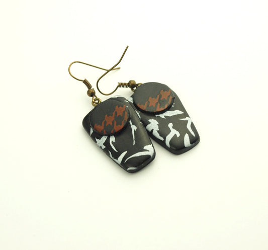 Ohrhänger Vögel schwarz weiß rot Silhouette Rechteck Polymer Clay Fimo Ohrringe Creole bronze