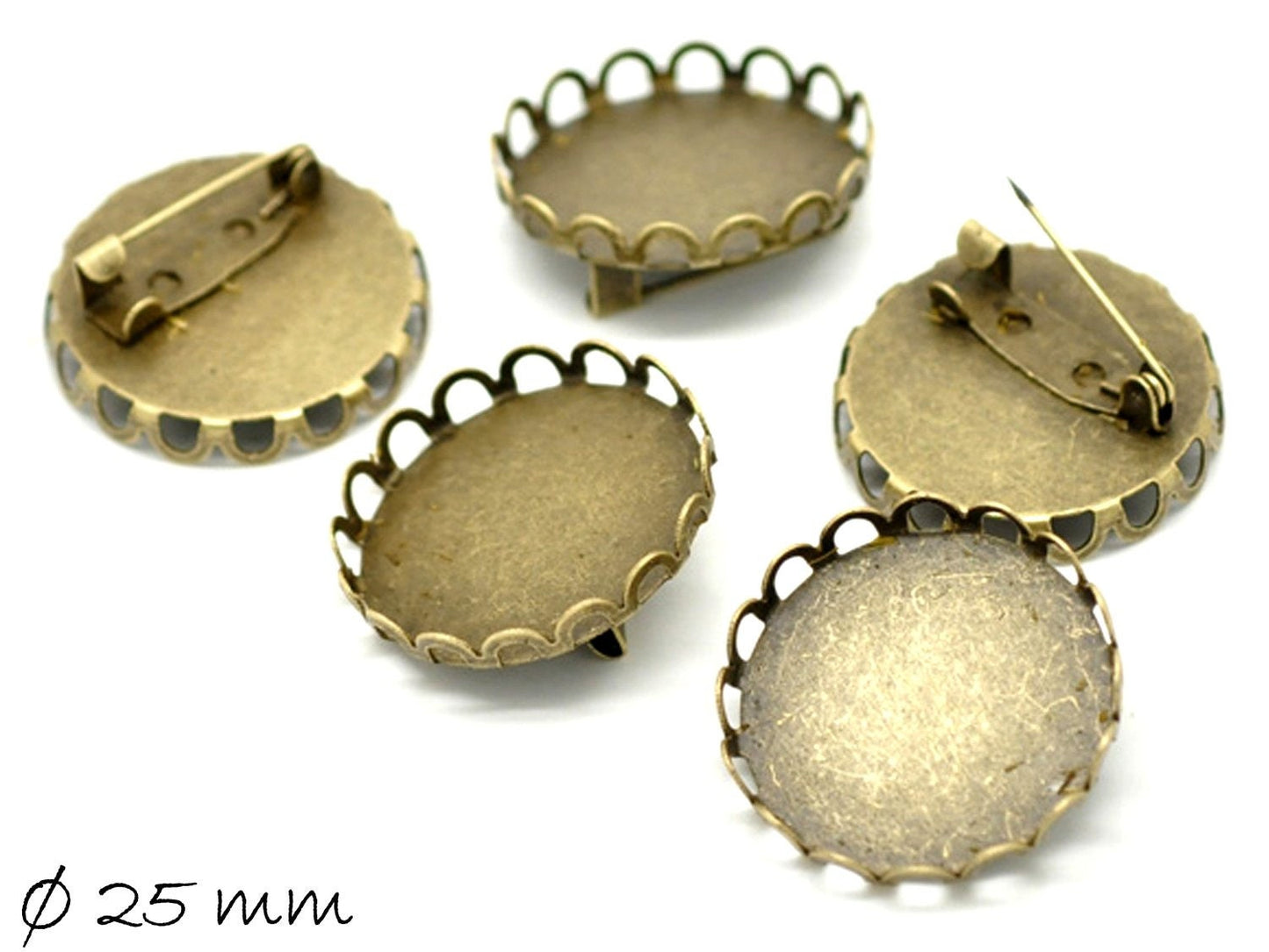 5 Stück Broschennadeln Rohlinge mit Fassung für Cabochons, bronze, 25 mm