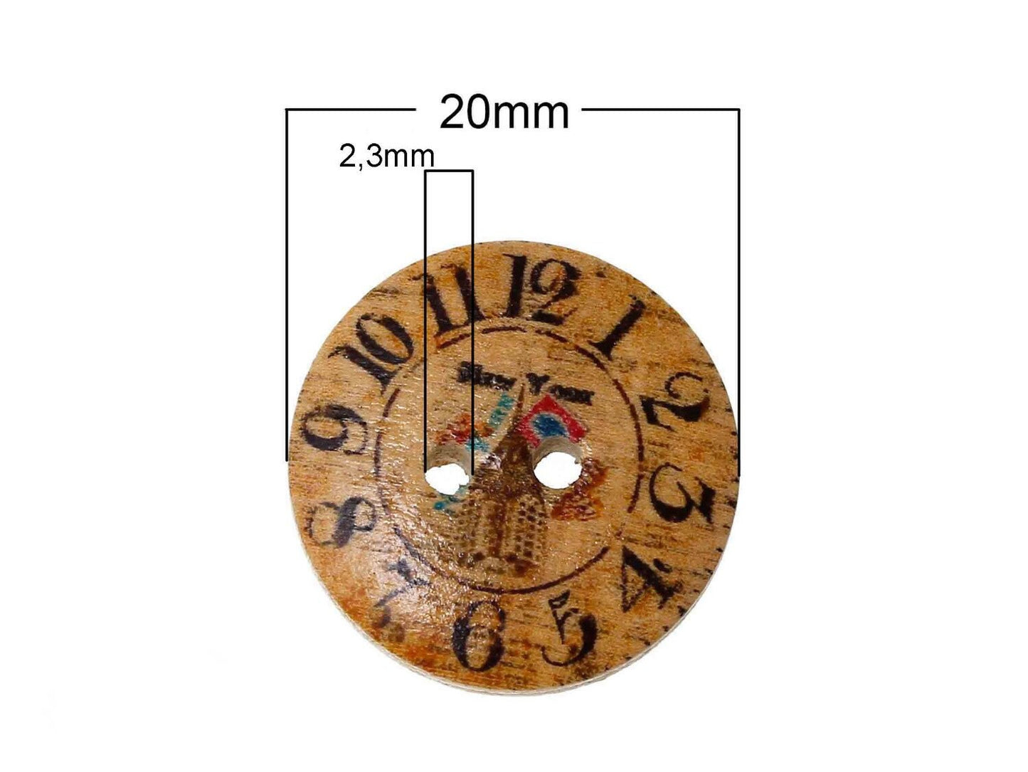 20 Stück Knöpfe Holz Uhr bedruckt Muster Ø 20 mm