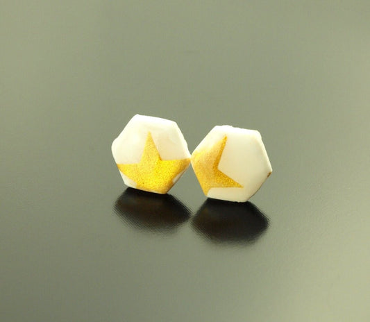 Ohrstecker Sterne Muster Hexagon Sechseck Wabe Himmel weiß gold Polymer Clay Fimo Ohrringe Stecker