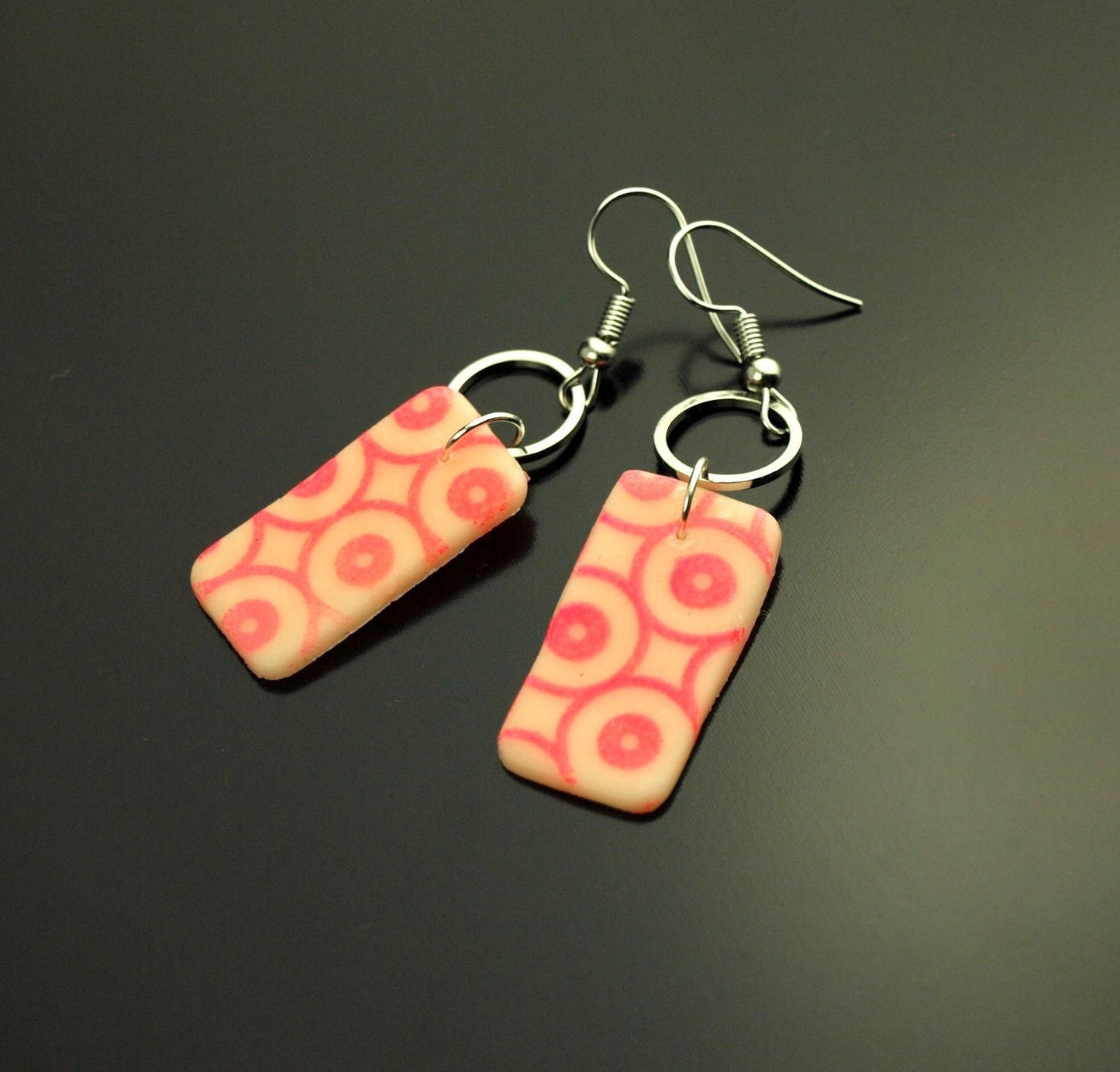 Ohrhänger Retro Muster Kreise Punkte neon pink Rechteck Polymer Clay Fimo Ohrringe Creole silbern