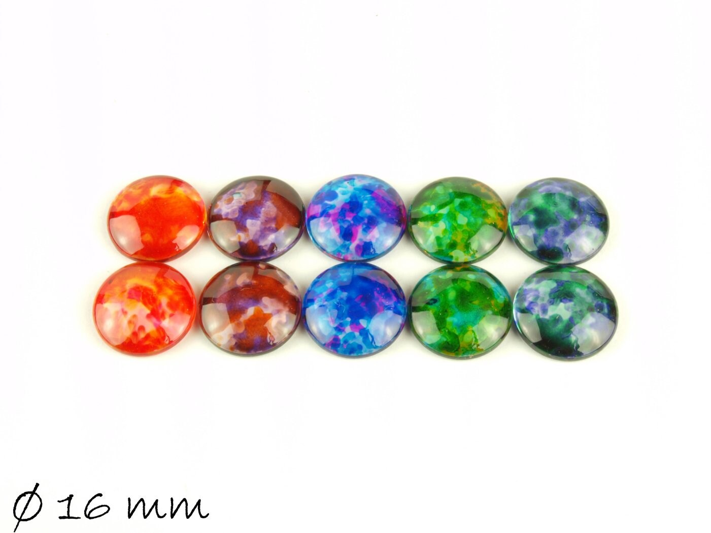 10 Stück runde Glas Cabochons, Ø 16 mm, bunt lackiert, Set