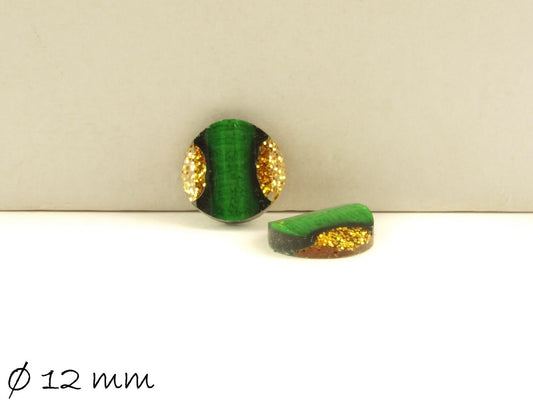6 Stück runde Resin Cabochons, Ø 12 mm, grün-gold mit Glitzer