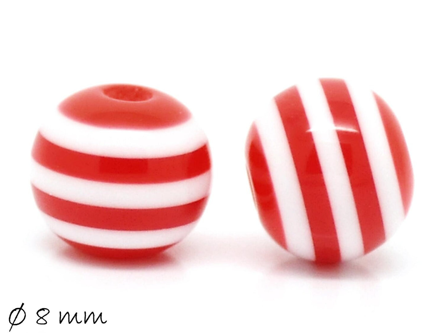 20 Stück Resin Perlen bunt, rot-weiß, Ø 8 mm