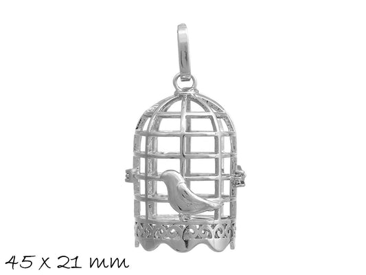 1 Stück Anhänger Wunschbox in Form eines Käfigs mit Vogel in silber, Ø 45 x 21 mm