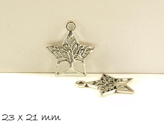 4 Stück Anhänger Stern mit Tree of Life, Baum, altsilber, 23 x 21 mm