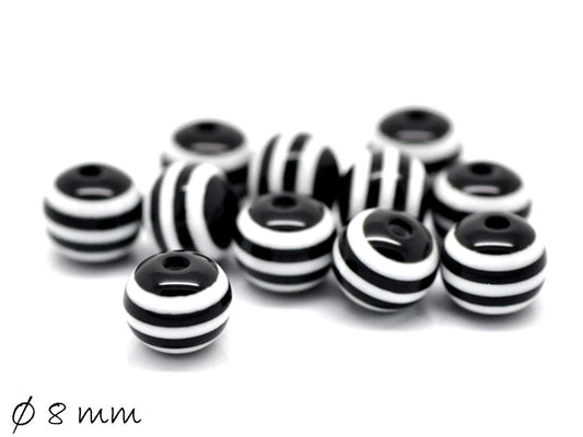 20 Stück Resin Perlen bunt, schwarz-weiß, Ø 8 mm