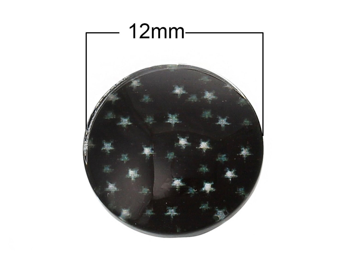 10 Stück runde Glas Cabochons mit schwarz mit weißen Sternen Ø 12 mm