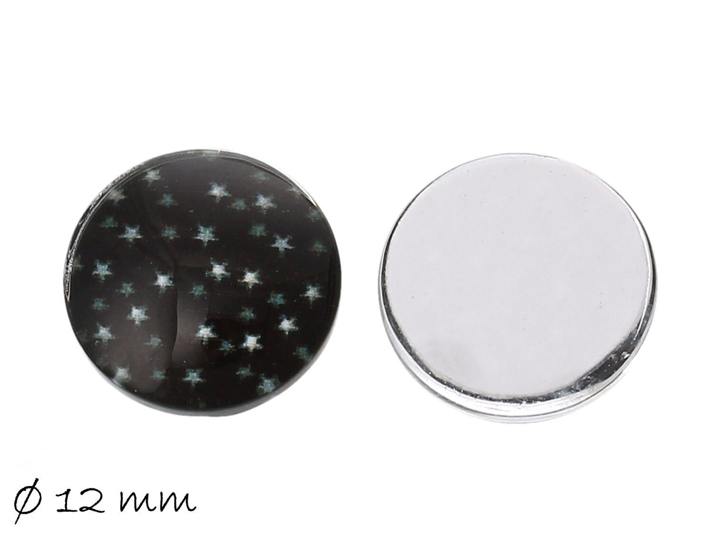 10 Stück runde Glas Cabochons mit schwarz mit weißen Sternen Ø 12 mm