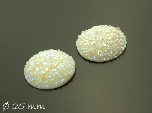 2 Stück Resin Cabochons, rund, Druzy-Imitat 25 mm, weiß