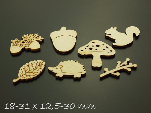7 Stück Anhänger Holzperlen, Natur, Wald, Eiche, Igel,...