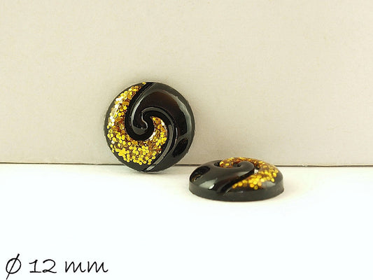 6 Stück runde Resin Cabochons, gold-schwarz, Ø 12 mm