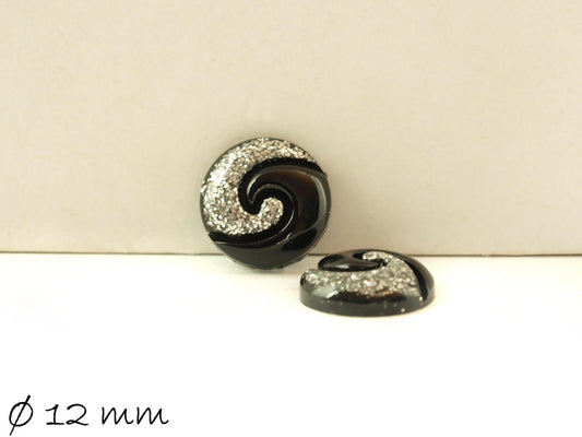 6 Stück  Stück runde Resin Cabochons, silber-schwarz, Ø 12 mm