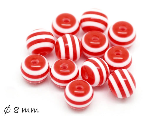 20 Stück Resin Perlen bunt, rot-weiß, Ø 8 mm
