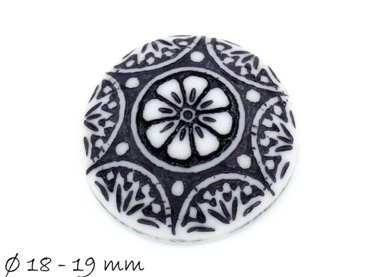 4 Stück runde Resin Cabochons, Ø 18 - 19 mm, Mosaik, schwarz-weiß