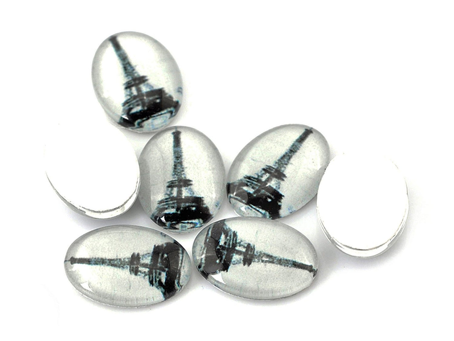 5 Stück beklebte Glas Cabochons, Eiffelturm 18 x 13 mm