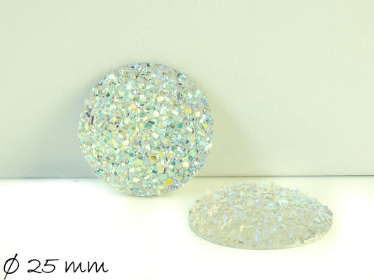 2 Stück Resin Cabochons, rund, Druzy-Imitat 25 mm, transparent-weiß