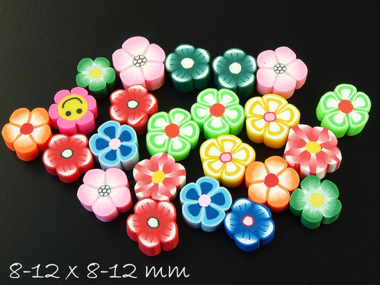 10 Stück Cabochons aus Fimo (Polymer Clay), verschiedene Blüten, Blumen, 8-12 mm x 8-12 mm