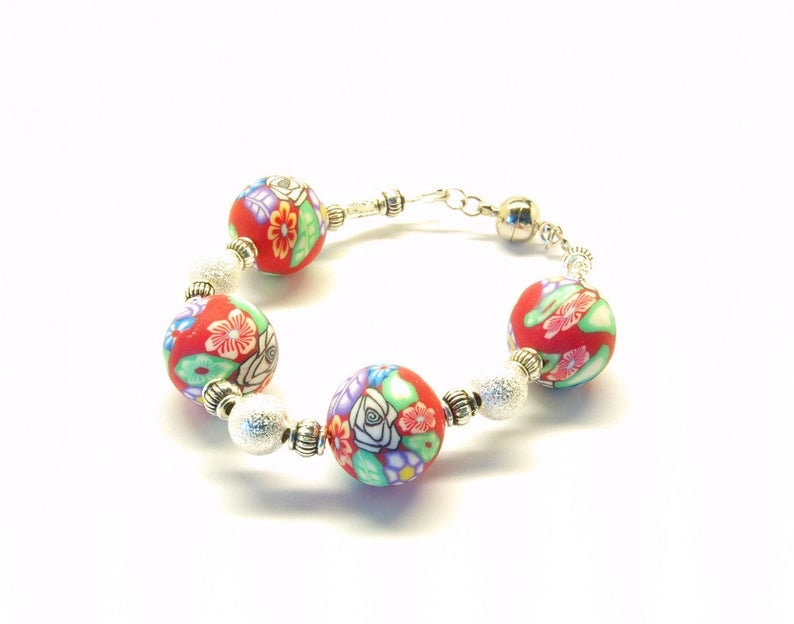 Armband nach Wahl mit Perlen aus Polymer Clay Blume Blüte weiß rosa rot blau lila weiß orange Armreifen Fimo