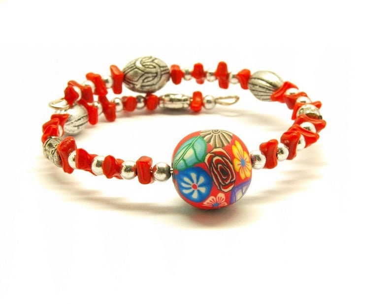 Armband nach Wahl mit Perlen aus Polymer Clay Blume Blüte weiß rosa rot blau lila weiß orange Armreifen Fimo